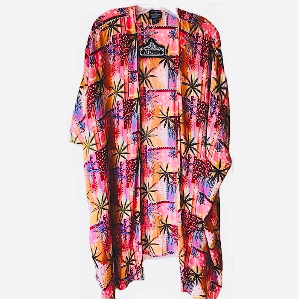 NWT Angie open duster scarf kimono pink periwinkle palm tree tropical coverup